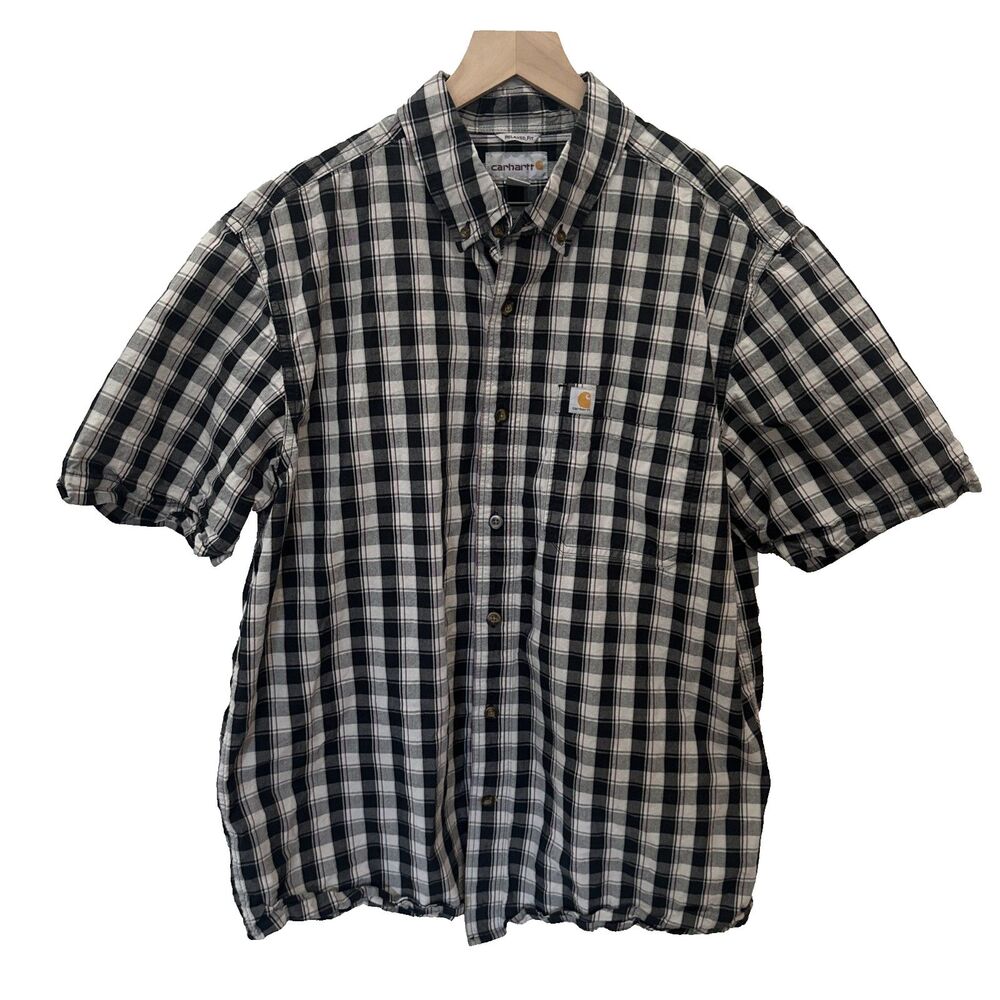 Carhartt Men's Relaxed Fit Plaid Short Sleeve Button Up Shirt Black White Large